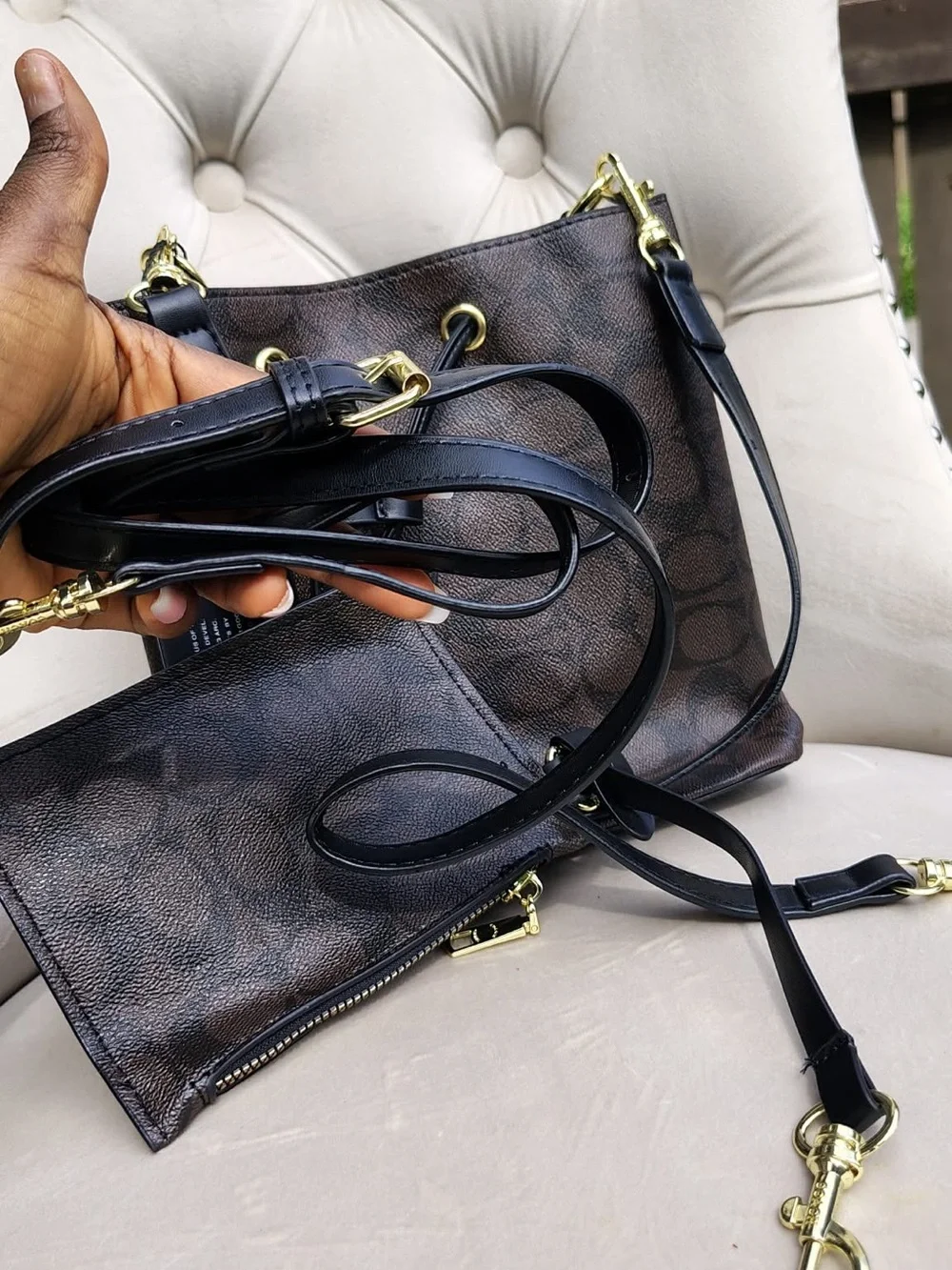 Coach Brown Signature Drawstring Tote with Black Trim and Gold Hardware